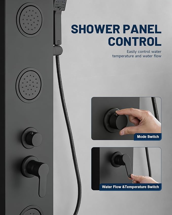 Homevacious Shower Panel Tower System Rainfall Waterfall Shower Head 3 Massage Body Jets Handheld Shower Head and Tub Spout Wall Mounted Multi-Function Bathroom Shower Panel Matte Black