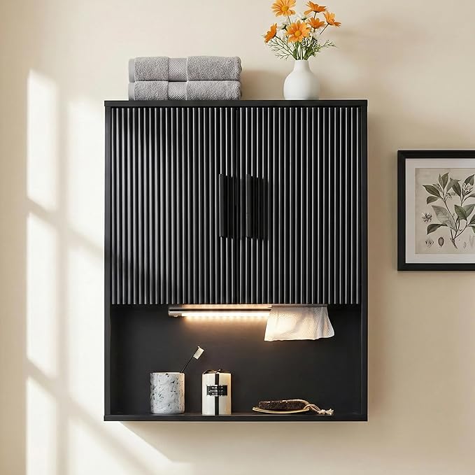Modern Fluted Bathroom Wall Cabinet with Motion Sensor LED Light, Black Over The Toilet Storage with Tissue Dispenser, Soft-Close Hanging Medicine Cabinet with Adjustable Shelves & Open Rack