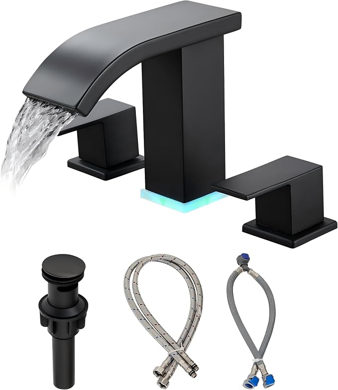 Bathroom Faucets Set Matte Black 8 inch Bathroom Sink Faucet 3 Hole with Pop Up Drain Widespread Modern Waterfall Vanity Faucet with 3 Colors Light Changing (Matte Black)