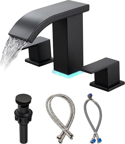 Bathroom Faucets Set Matte Black 8 inch Bathroom Sink Faucet 3 Hole with Pop Up Drain Widespread Modern Waterfall Vanity Faucet with 3 Colors Light Changing (Matte Black)