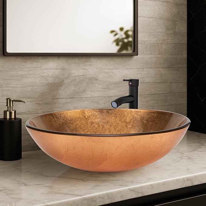 YIMAI 16" Gold Glass Vessel Sink Tempered Glass Above-Counter Bathroom Sink Bowl, Countertop Vanity Basin with Matching Faucet & Pop-Up Drain Included, Easy Install for Master or Powder Room