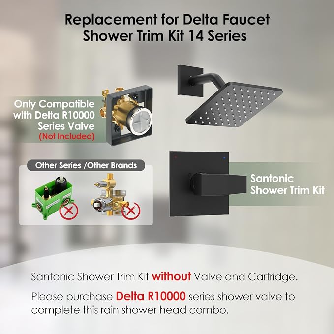 Replacement for Delta Shower Trim Kit 14 Series, High Pressure Matte Black Shower Faucet Set, 6-Inch Black Shower Head and Handle Set(Valve/Cartridge Not Included)