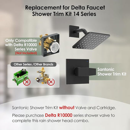 Replacement for Delta Shower Trim Kit 14 Series, High Pressure Matte Black Shower Faucet Set, 6-Inch Black Shower Head and Handle Set(Valve/Cartridge Not Included)