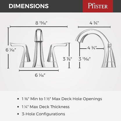 Pfister Willa Bathroom Sink Faucet, 4-Inch Centerset, 2-Handle, 3-Hole, NSF Certified, Polished Chrome Finish, LF048MALCC