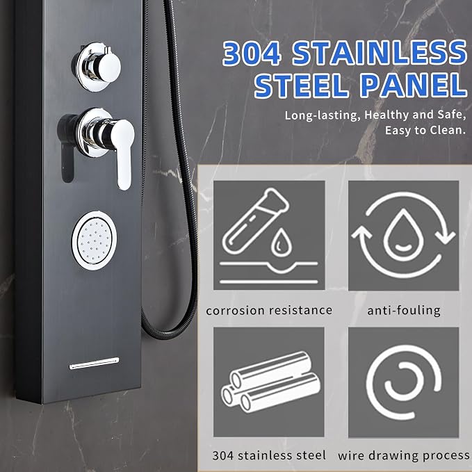 Shower Panel Tower System 5 in 1 Stainless Steel Shower Column | with Rainfall Waterfall Shower Head, Wall-Mount Rain Massage System with 3 Body Jet, Handheld, Tub Spout (Black)