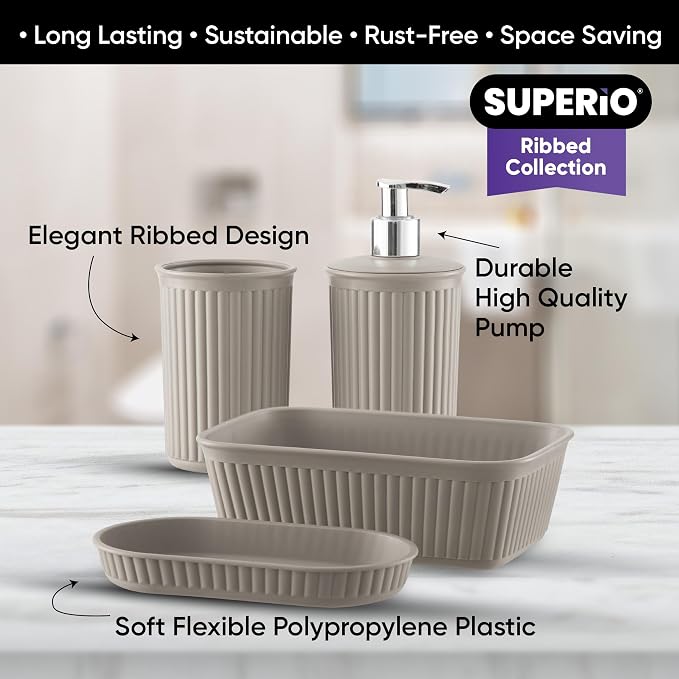 Superio Ribbed Collection - Decorative Plastic Bathroom Accessories Set, Taupe (Set of 4) Soap Dish, Liquid Dispenser, Toothbrush Holder Cup, Vanity Organizer Tray Bathroom Countertop Decor Gift