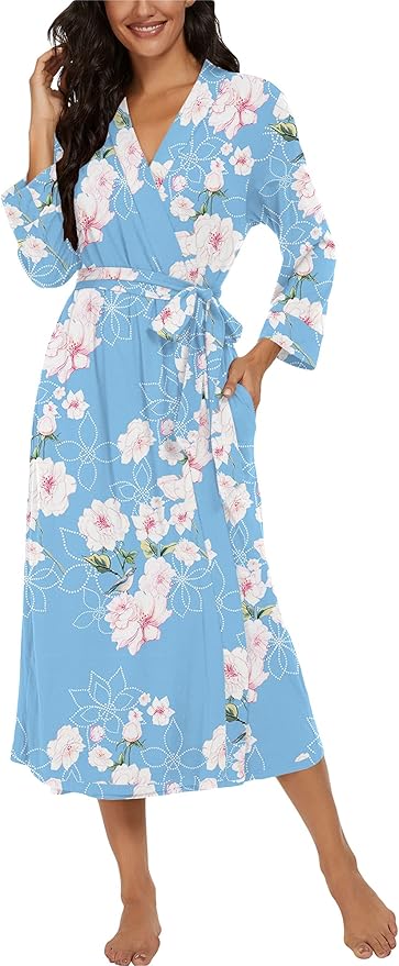 VINTATRE Women Kimono Robes Long Knit Bathrobe Lightweight Soft Knit Sleepwear V-neck Casual Ladies Loungewear