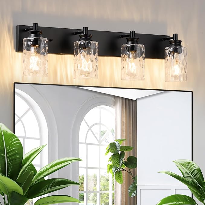 4 Light Bathroom Vanity Light Modern Black Bathroom Light Fixtures Over Mirror with Hammered Glass Lampshade for Kitchen Hallway
