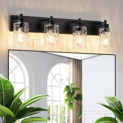 4 Light Bathroom Vanity Light Modern Black Bathroom Light Fixtures Over Mirror with Hammered Glass Lampshade for Kitchen Hallway