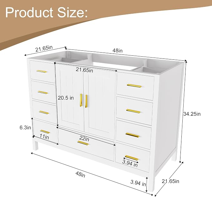 48'' Bathroom Vanity Without Sink,Multi-Functional Bathroom Cabinet with 2 Doors and 9 Drawers, Solid Frame,White(No Sink)