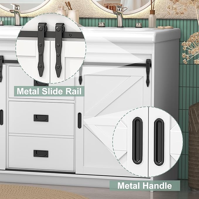 48 Inch Bathroom Vanity with Doulble Sink, Bathroom Vanity Cabinet with 2 Sinks, White Bath Vanities with 2 Sliding Doors (20" D x 48" W x 36" H)