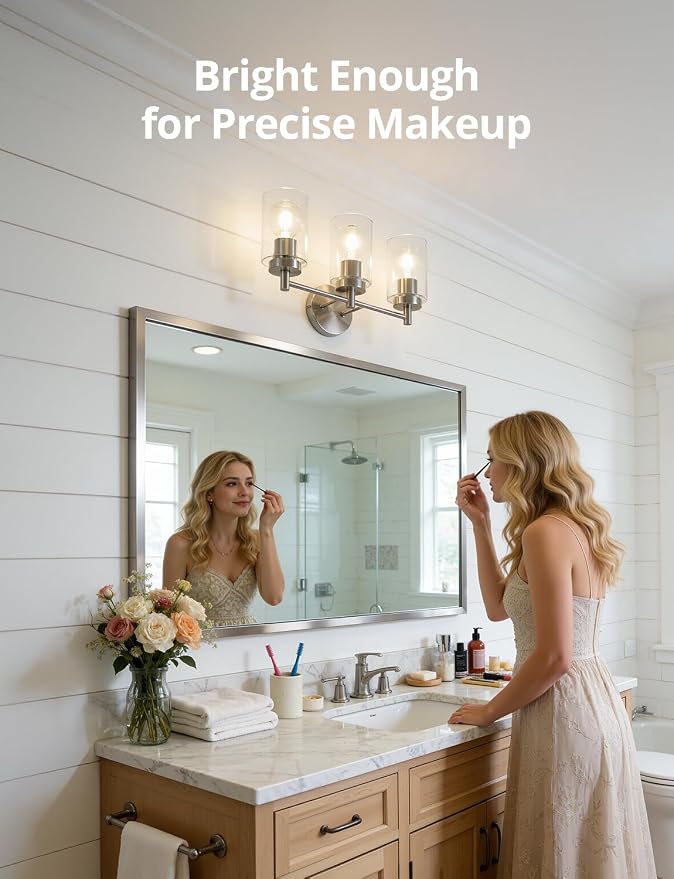 3-Light Brushed Nickel Bathroom Vanity Light, Farmhouse Wall Sconce | 17.12", Brushed Nickel Restroom Lamp, Clear Glass, Bright Makeup Lighting, above Mirror, Tool-Free E26 Bulb Swap, No Bulbs