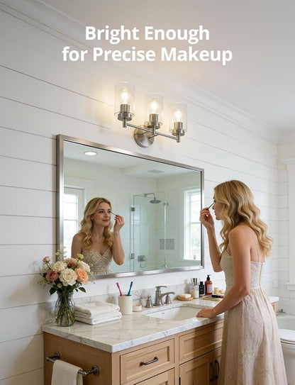 3-Light Brushed Nickel Bathroom Vanity Light, Farmhouse Wall Sconce | 17.12", Brushed Nickel Restroom Lamp, Clear Glass, Bright Makeup Lighting, above Mirror, Tool-Free E26 Bulb Swap, No Bulbs
