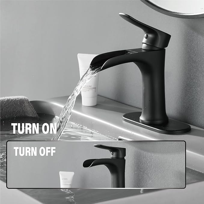 Yundoom Matte Black Bathroom Faucet,Bathroom Sink Faucet,Waterfall Bathroom Faucet,Single Hole Or 3 Hole Bathroom Faucet with 4 Inch Deck Plate,Farmhouse Rv Brass Bathroom Faucet,BF02.