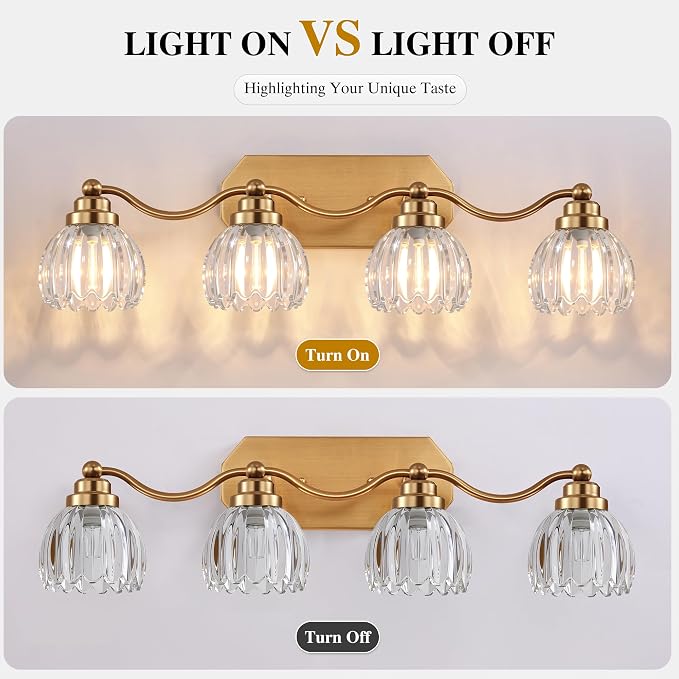 Bathroom Vanity Light, Gold Vintage Tulip Glass Shade, Antique Brass Finish | 4 Light Brushed Gold Bathroom Light Fixtures, Crystal Wall Sconce, Mounted Over Mirror for Bedroom Hallway, Easy to Install