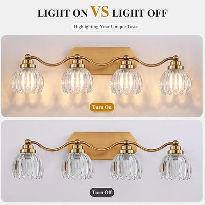 Bathroom Vanity Light, Gold Vintage Tulip Glass Shade, Antique Brass Finish | 4 Light Brushed Gold Bathroom Light Fixtures, Crystal Wall Sconce, Mounted Over Mirror for Bedroom Hallway, Easy to Install