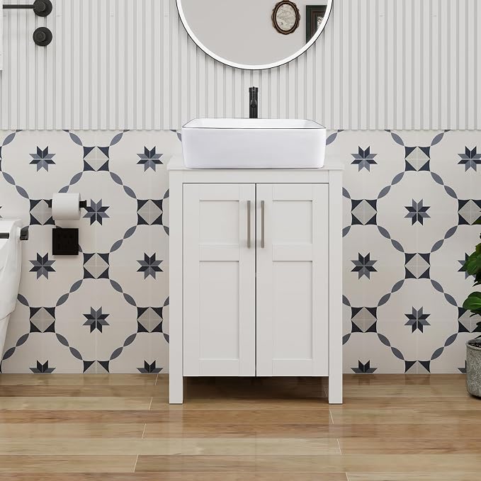 YOURLITE 24" Bathroom Vanity with Sink Combo,White Bathroom Vanity and Sink Combo with Faucet & Pop Up Drain Set,Traditional Vanity with White Ceramic Sink Bathroom Sink