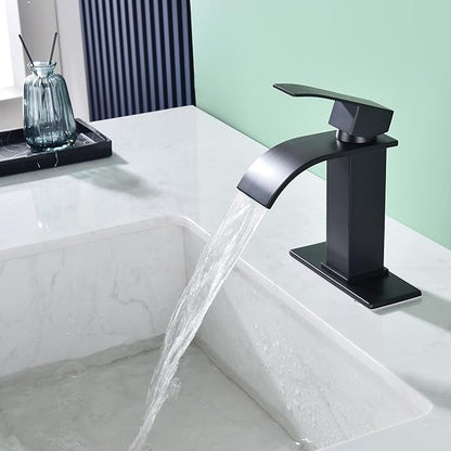 Black Waterfall Bathroom Faucet Single Hole, Bathroom Sink Faucet with Pop Up Drainer Assembly and Deck Plate for 3 Hole Installation JXM122BK