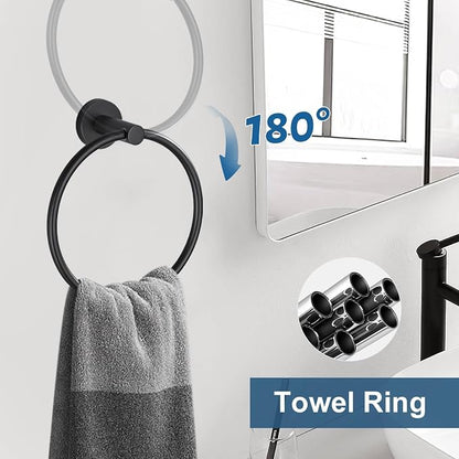 5 Pieces Matte Black Bathroom Hardware Accessories Set, Bathroom 23.6 Inch Towel Bar Set Stainless Steel Toilet Paper Holder Round Towel Racks for Bathroom Wall Mounted