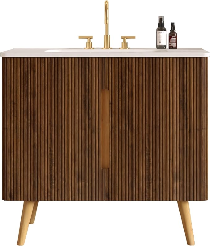 36" Modern Bathroom Vanity with Sink, Mid Century Modern Walnut Bathroom Cabinet with Carrara Marble Finish Sink, Doors, Large Storage with Adjustable Shelf