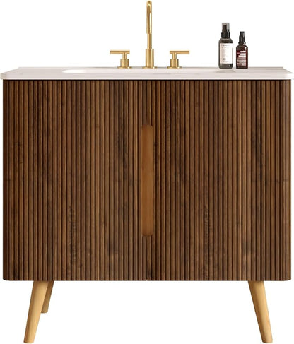 36" Modern Bathroom Vanity with Sink, Mid Century Modern Walnut Bathroom Cabinet with Carrara Marble Finish Sink, Doors, Large Storage with Adjustable Shelf