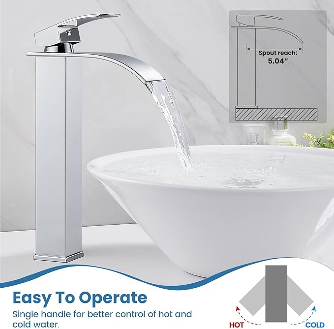 Airuida Tall Bathroom Vessel Faucet Chrome Polish Waterfall Bathroom Single Handle Single Hole Deck Mount Bowl Mixer Tap with Large Waterfall Spout Bar Sink Faucet Lavatory Vanity