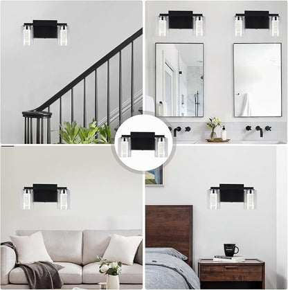 2-Light Bathroom Light Fixtures, Black Modern Vanity Lights with Clear Glass Shade, LED Bathroom Wall Lighting with Crystal Bubble for Mirror Hallway Cabinet Porch