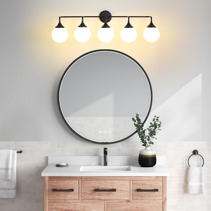 Black Bathroom Light Fixtures Over Mirror Vanity 5-Light | Mid Century Modern Matte Black Wall Sconce with Milky White Glass Ball Shades for for Bathroom Dressing Table Bedroom