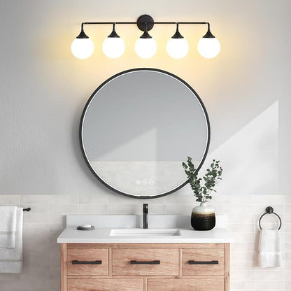 Black Bathroom Light Fixtures Over Mirror Vanity 5-Light | Mid Century Modern Matte Black Wall Sconce with Milky White Glass Ball Shades for for Bathroom Dressing Table Bedroom