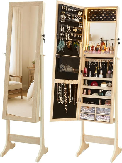 LUXFURNI 62.6" Standing Jewelry Armoire Cabinet with Storage Mirror | Built‑in LED Makeup Mirror, 3 Tilt Angles, 48H Runtime with 6AA Batteries, Acrylic Lipstick Tray, Engineered Wood for Bedroom