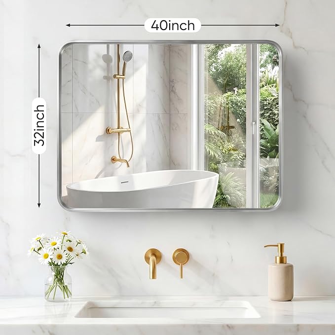 Sweetcrispy Bathroom Mirror 40x32 Inch, Vanity Mirror for Wall | Metal Framed Rounded Rectangle, Over Sink, Farmhouse, Restroom, Anti-Rust, Horizontal or Vertical Hanging, Silver