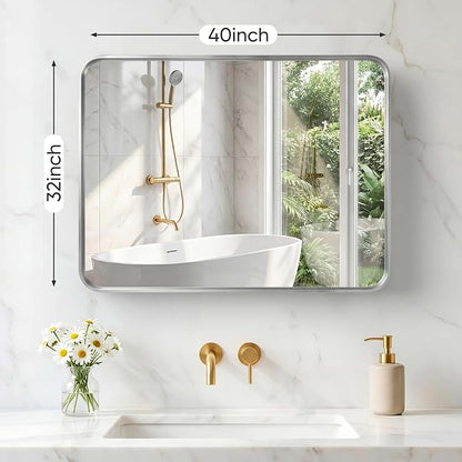 Sweetcrispy Bathroom Mirror 40x32 Inch, Vanity Mirror for Wall | Metal Framed Rounded Rectangle, Over Sink, Farmhouse, Restroom, Anti-Rust, Horizontal or Vertical Hanging, Silver