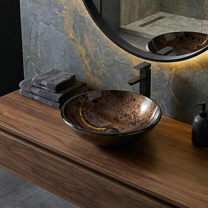 Bathroom Artistic Vessel Sink, Tempered Glass Vanity Round Bowl, Brown | Black Faucet, Pop Up Drain, Above Counter, Easy Clean