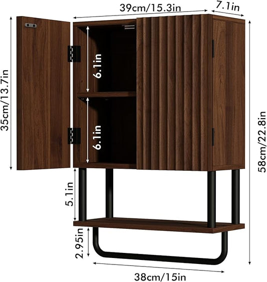 RUSTOWN Farmhouse Bathroom Wall Cabinet with 2 Door, 3-Tier Curved Profile Wooden Medicine Cabinet, Wall Mounted Storage Cabinet with Adjustable Shelf and Towel Bar (Dark Walnut, Small)
