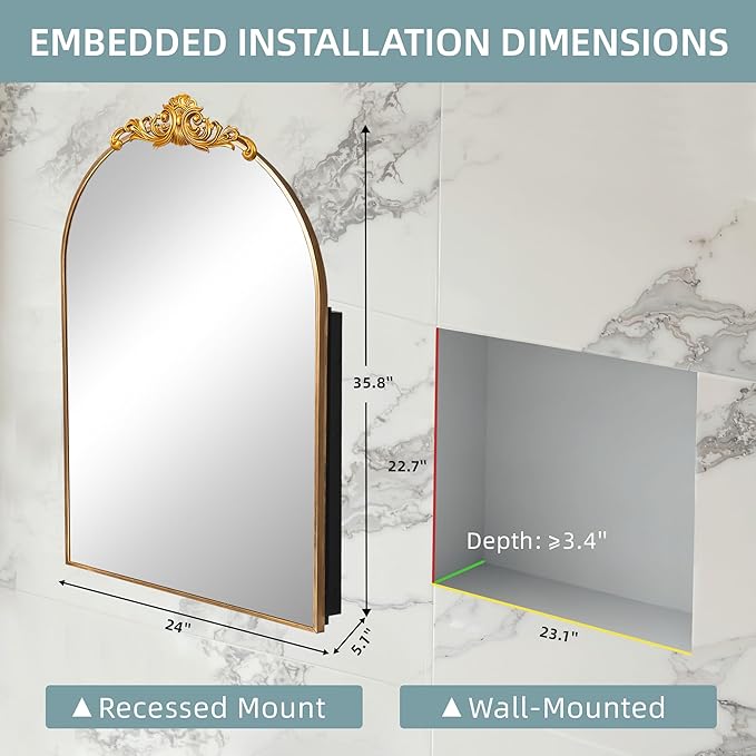 Casaphoria 36" H x 24" W Arched Bathroom Medicine Cabinet with Mirror, Metal Frame Wall Mirror Cabinet,Wall Medicine Cabinets Mirrors, Gold