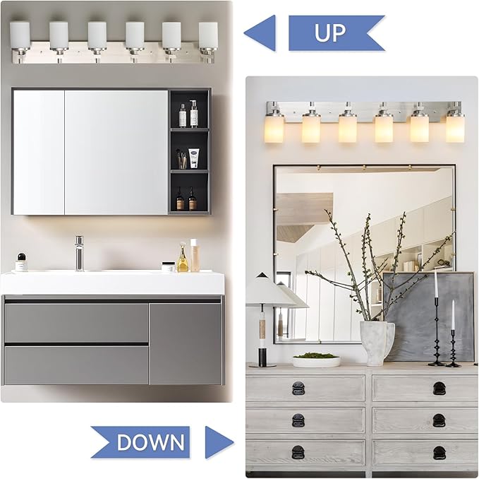 LOUSACE Bathroom Lighting Fixtures Over Mirror Brushed Nickel 6 Light Bathroom Vanity Lights with Opal White Glass Shades, Modern Vanity Wall Sconces Fixture for Bedroom Living Room