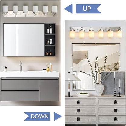 LOUSACE Bathroom Lighting Fixtures Over Mirror Brushed Nickel 6 Light Bathroom Vanity Lights with Opal White Glass Shades, Modern Vanity Wall Sconces Fixture for Bedroom Living Room