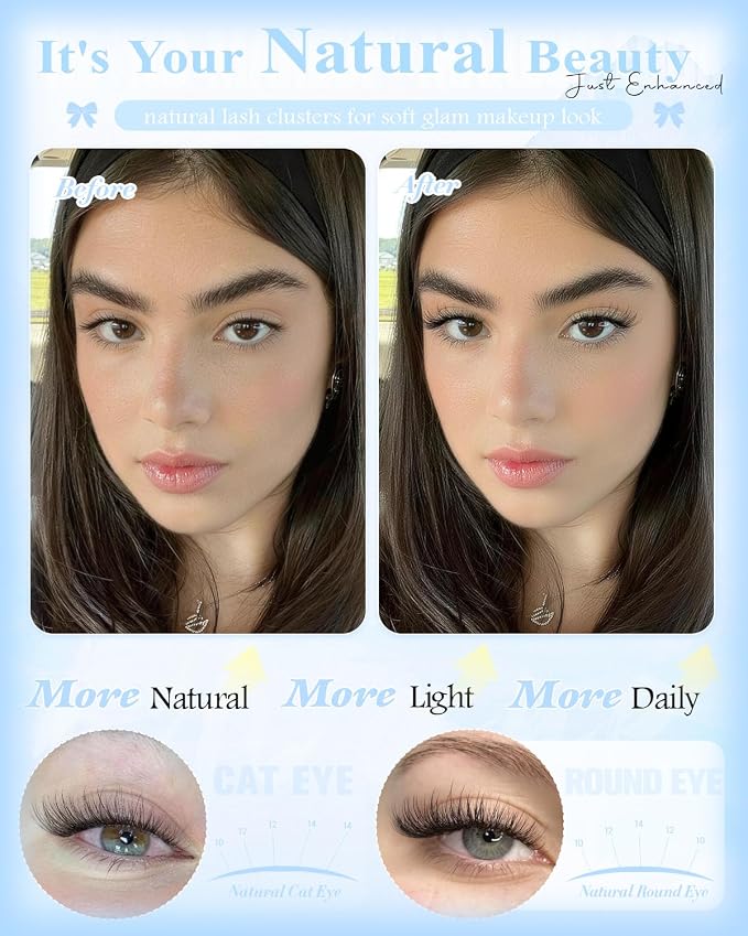 Wispy Lash Clusters Natural Eyelash Clusters Venus Short 10-12-14mm Cluster Eyelash Extensions Clear Band Clusters Lashes C Curl Individual Lashes Clusters DIY Lash Extensions Natural Look