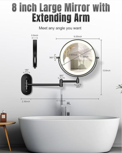 30X/1X 8 Inch Wall Mounted Magnifying Makeup Mirror with Light for Bathroom | 3500mAh Double Sided Rechargeable LED Lighted Vanity Mirror with Magnification 3 Color Light up Extended Arm 360 Rotation