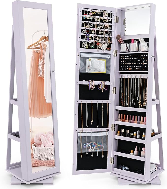 GOFLAME 360° Rotating Jewelry Armoire, Lockable Jewelry Cabinet with Full-Length Mirror & Inner Makeup Mirror, Standing Jewelry Storage Organizer with Rear Storage Shelves, Lavender