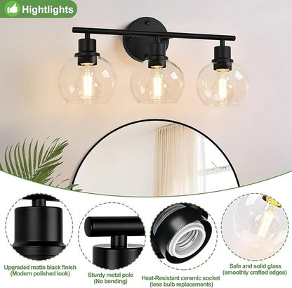 3-Light Bathroom Light Fixtures, Black Bathroom Lights Over Mirror with Clear Glass Globe Shade, Vanity Lights for Bathroom Kitchen Living Room Hallway Cabinet Bedroom Porch.