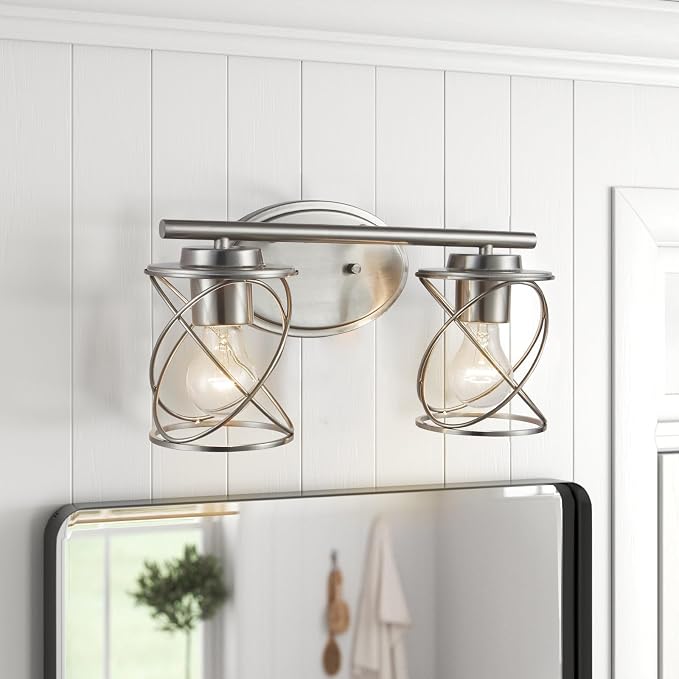 2-Lights Bathroom Vanity Lights, Bathroom Light Fixtures Over Mirror, Brushed Nickel Vanity Light, Farmhouse Wall Lights with Clear Glass Shade, Bathroom Wall Lamp for Mirror Kitchen Bedroom