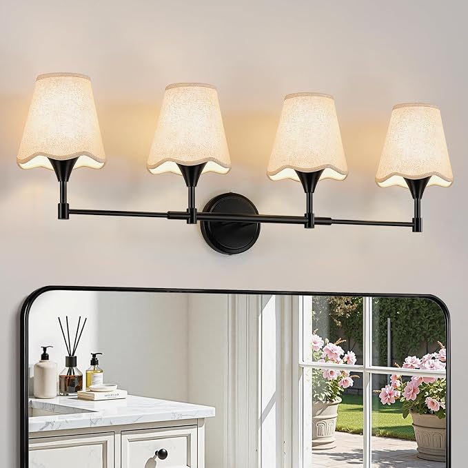 Modern Bathroom Vanity Light Fixtures: Matte Black Vanity Lights Over Mirror with Flared Fabric Shade, Farmhouse Bathroom Lighting Fixtures, 4 Light Wall Sconces Lights for Bedroom Hallway Living Room