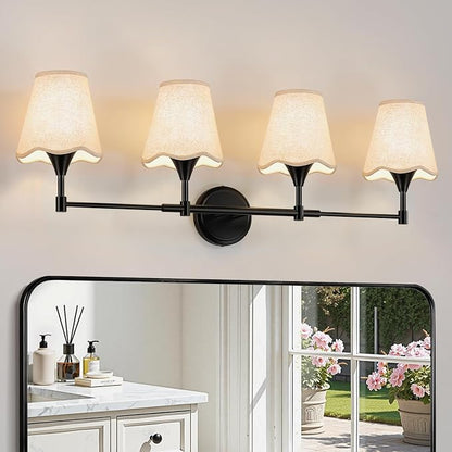 Modern Bathroom Vanity Light Fixtures: Matte Black Vanity Lights Over Mirror with Flared Fabric Shade, Farmhouse Bathroom Lighting Fixtures, 4 Light Wall Sconces Lights for Bedroom Hallway Living Room