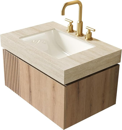 KEIKI 30 Inch Floating Bathroom Vanity with Sink, Modern Wall Mounted Storage Cabinet with Drawer, Pre-assembled Waterproof Wood Panels, Sintered Stone Top & Ceramic Basin Combo Set, White Oak & Beige