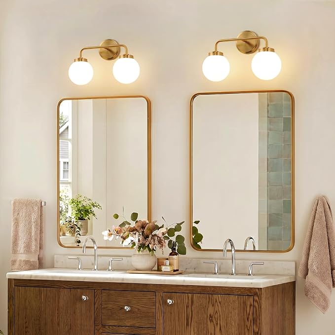 Modern Brushed Gold Vanity Lights for Bathroom, Mid Century 2 Light Bathroom Vanity Light with Globe Milky White Glass Shade Over Mirror, Brass Wall Sconce for Bathroom Hallway Living Room Bedroom