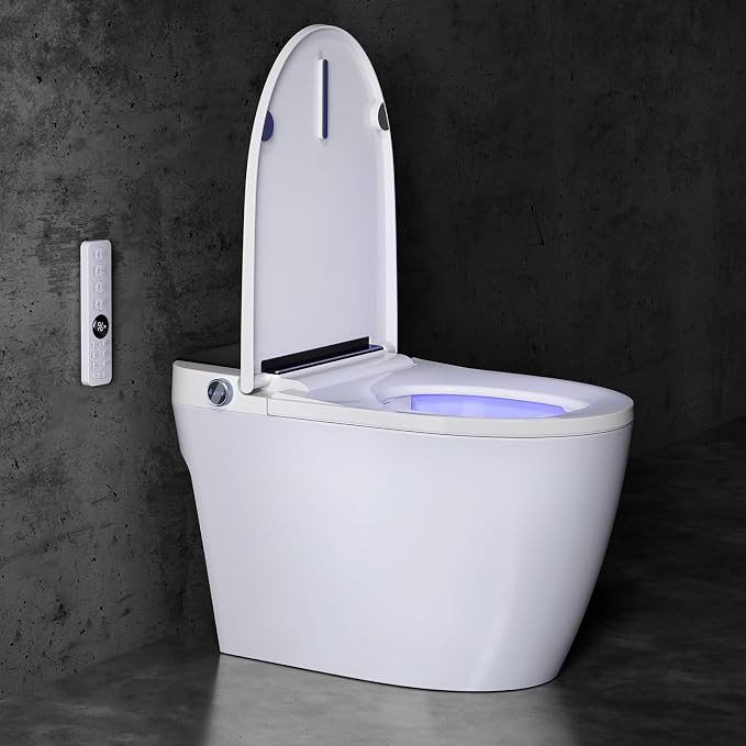 Modern Smart Toilet with Built-In Bidet, Electric Toilet, Auto Open/Close Lid, Heated Seat, Dual Auto Flush & Foot Sensor, Tankless, Warm Water Wash & Dryer, Wireless Remote, 1000g MaP