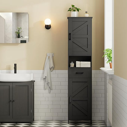 Homhedy 67" H Tall Bathroom Storage Cabinet with Barn Doors and Drawer | Narrow Storage Unit with Adjustable Shelves, Floor Cabinet for Bathroom, Living Room, Entryway or Kitchen, Black, 15.7" W