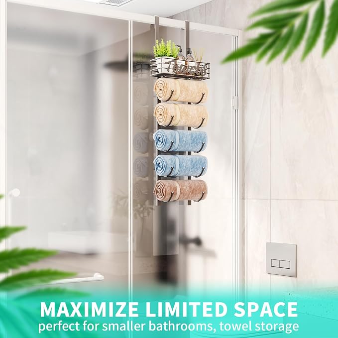 HapiRm Towel Racks for Bathroom Storage - 6 Tier Over The Door & Wall Mount Rolled Towel Storage Organizer Holder with Metal Shelf Basket for Small Bathroom, Camper, Rv - Patented