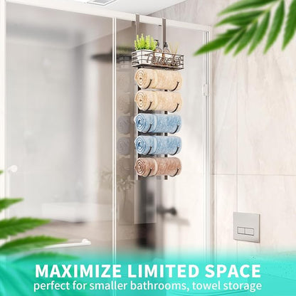 HapiRm Towel Racks for Bathroom Storage - 6 Tier Over The Door & Wall Mount Rolled Towel Storage Organizer Holder with Metal Shelf Basket for Small Bathroom, Camper, Rv - Patented